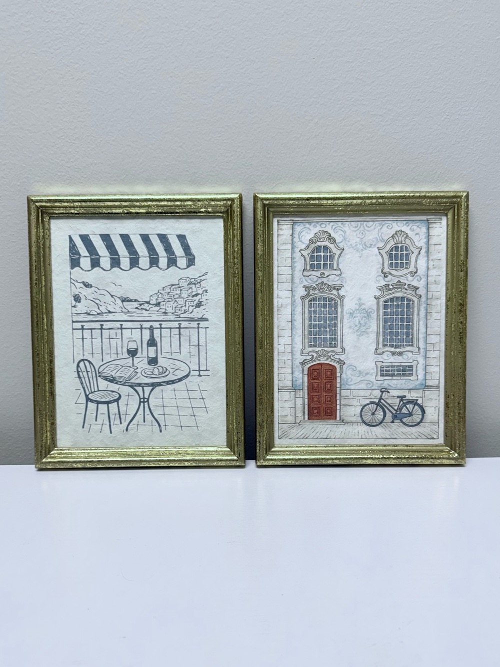 Set of Two Gold-Framed Art Prints - Café Patio and Townhouse Scenes, New!